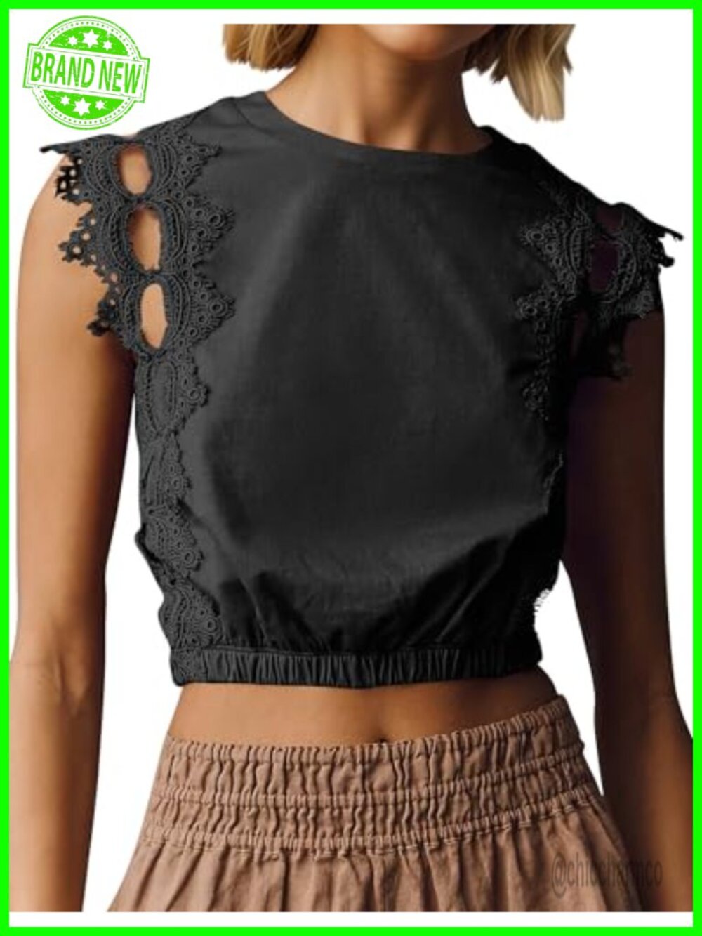 Lace Trim Cutout Bubble Tank Top Crop Tops Crew Neck Sleeveless Boho Summer